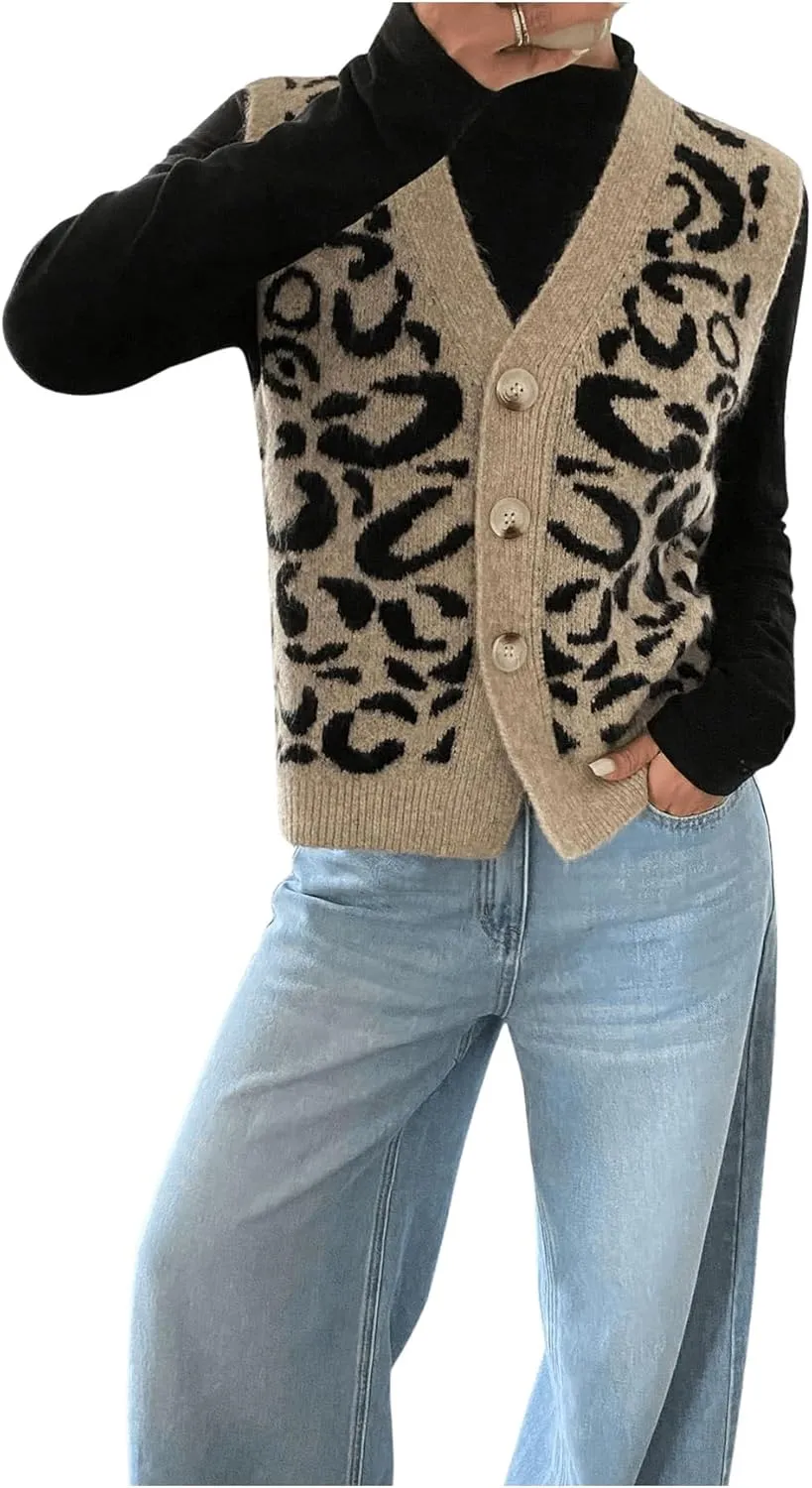 Women's Y2k Leopard Print Sweater Vest Cheetah Sleeveless Button Down V Neck Casual Knit Tank Tops