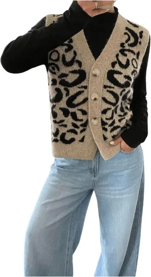 Women's Y2k Leopard Print Sweater Vest Cheetah Sleeveless Button Down V Neck Casual Knit Tank Tops