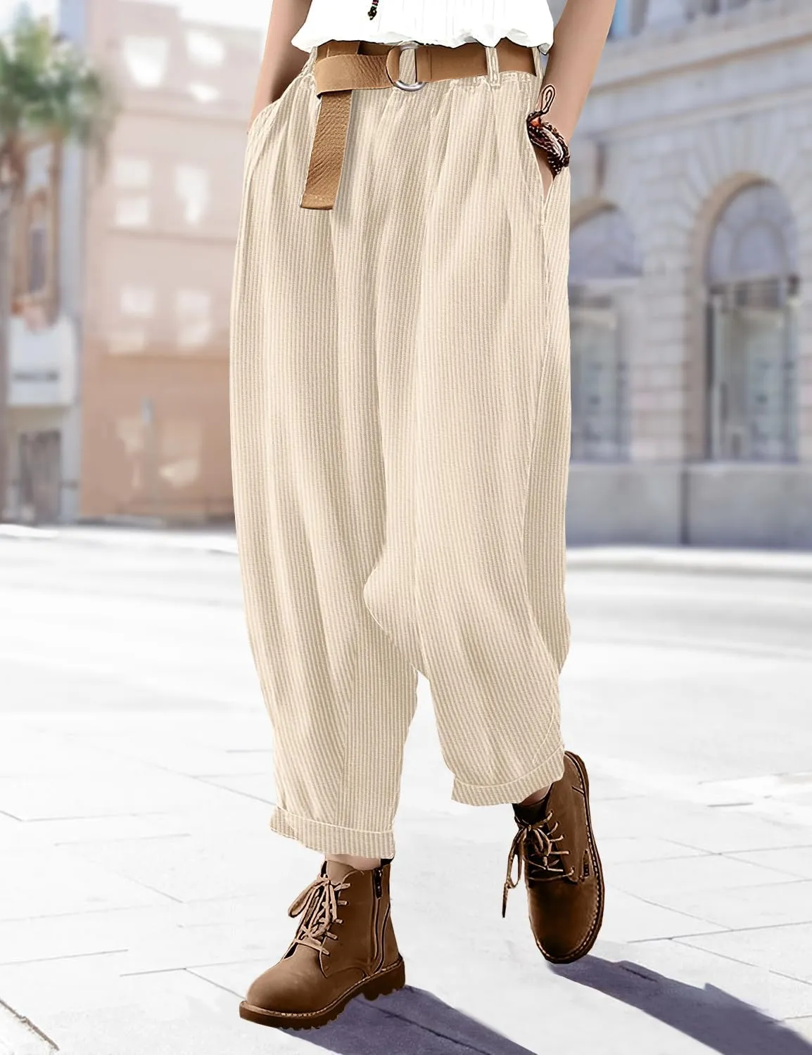 YESNO Women Baggy Cropped Pants Corduroy Casual Elastic Waist Fall Fashion 2024 Trousers with Pockets PCJ
